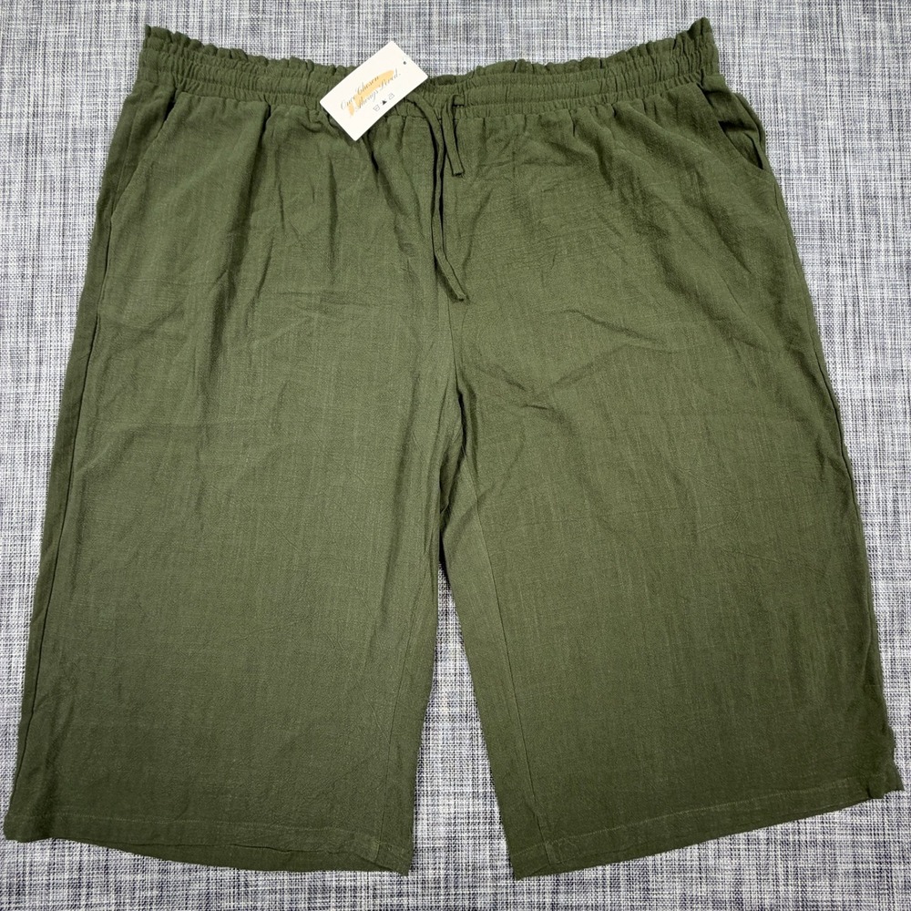 Neer Womens Capri Pants 5XL NWT Olive Green Linen Blend Wide Leg Drawstring